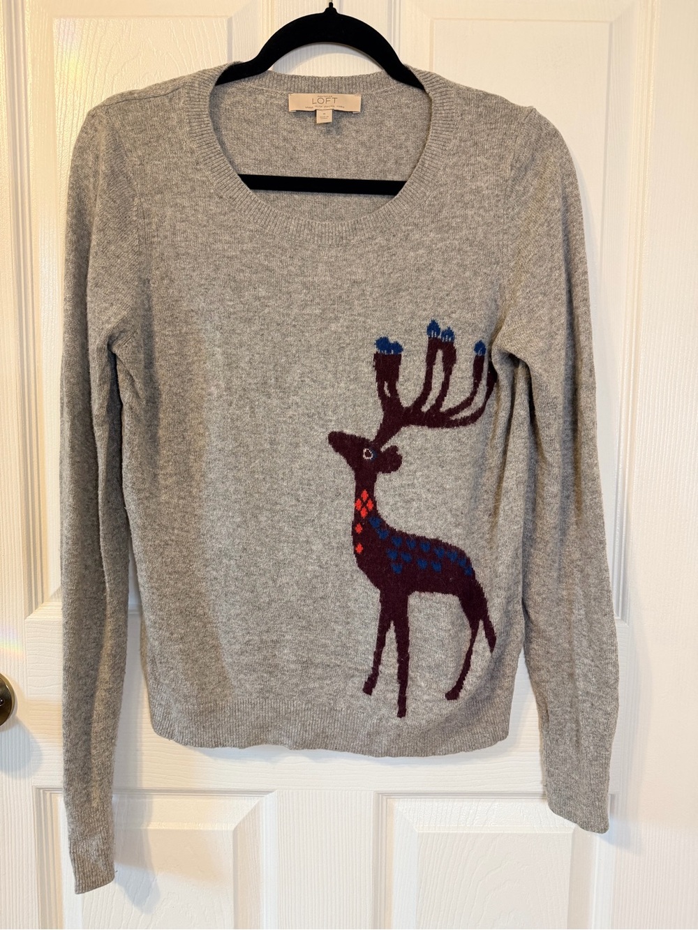 LOFT Light Gray Knit Sweater with Reindeer Design